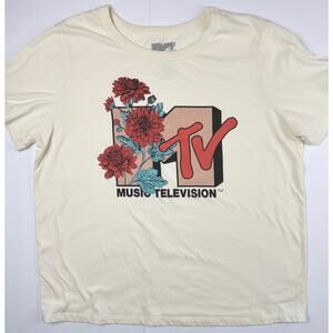MTV Floral Logo Graphic T Shirt Womens Large Music Television Cream Tee